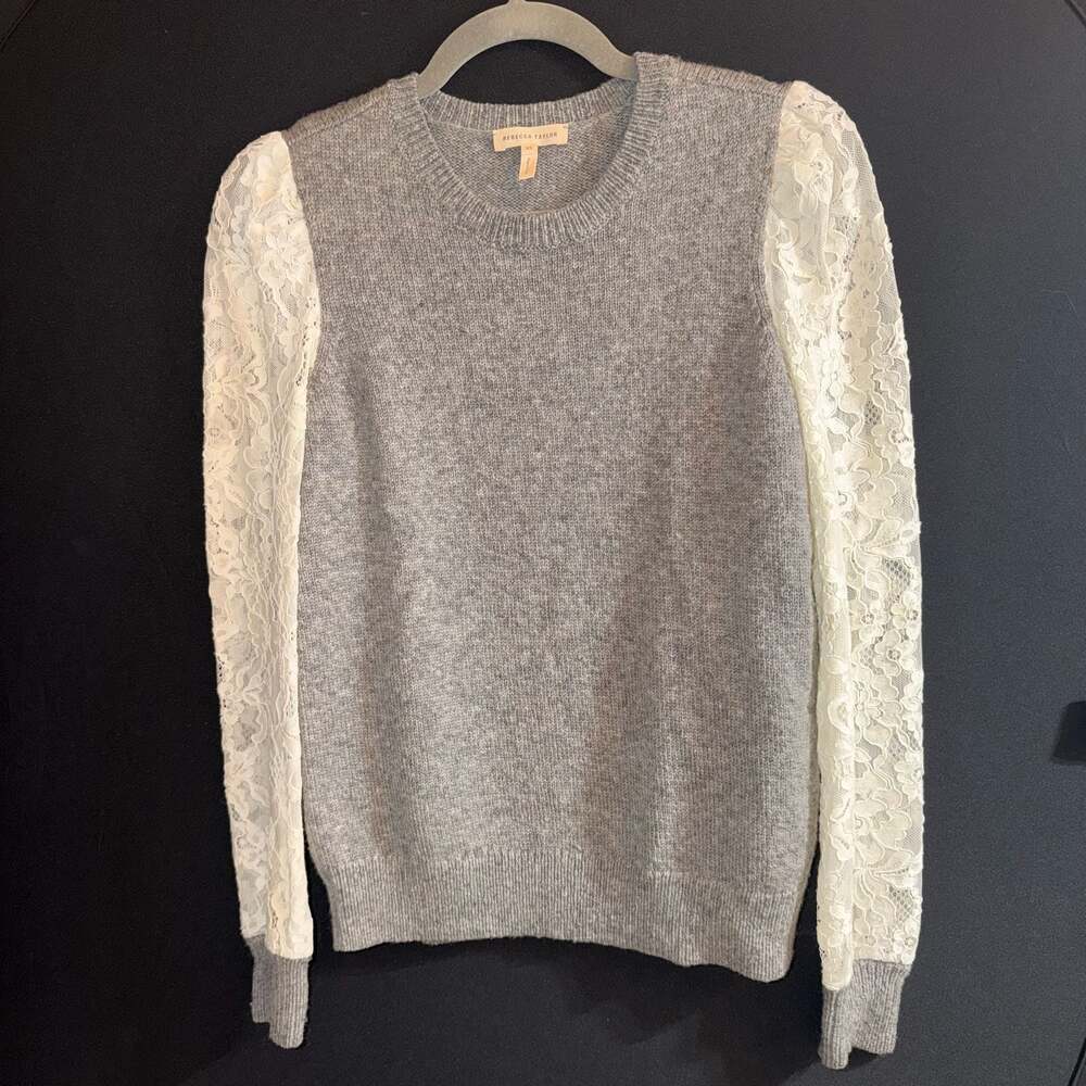 Rebecca Taylor Gray Knit Crew Neck Sweater with White Lace Sleeves XS